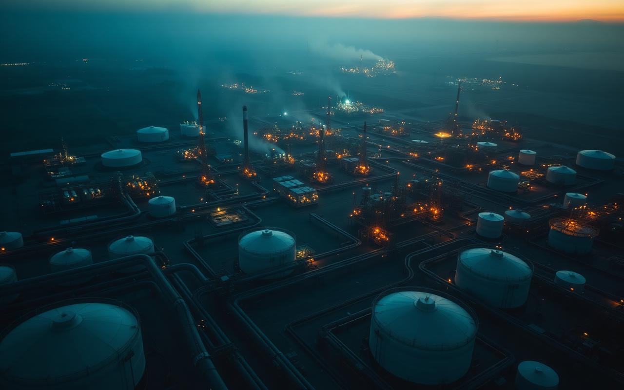 Aerial view of an oil and gas processing facility at dusk