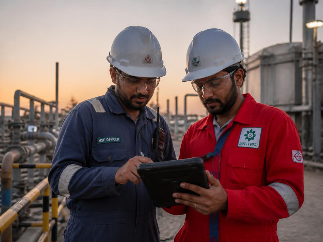 Field crew reviewing safety data on a rugged tablet at a wellsite